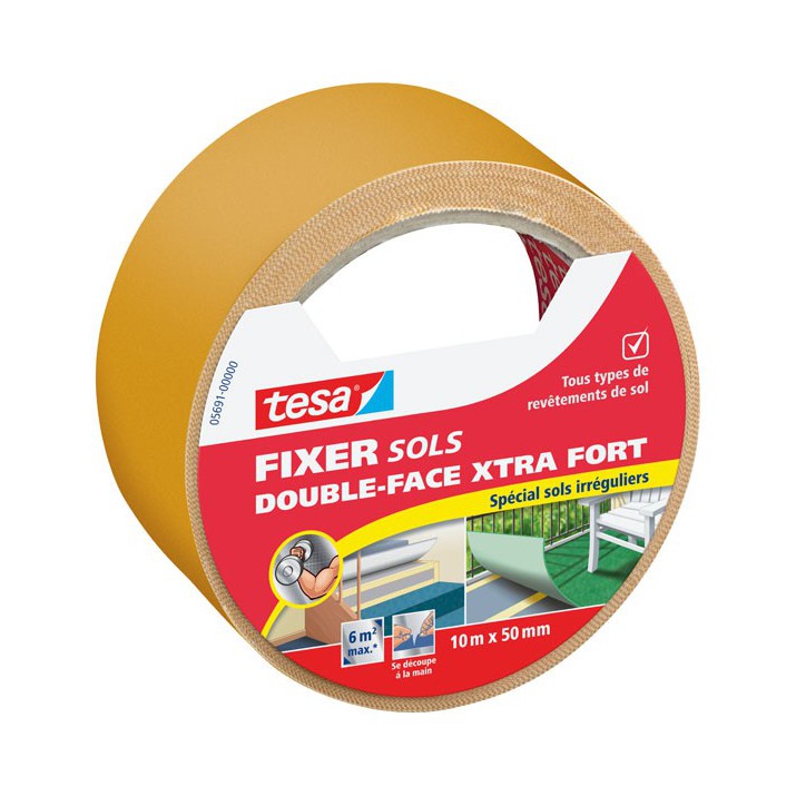 Adhésif fixation extra-forte double-face pour sols irréguliers 10m x 50mm