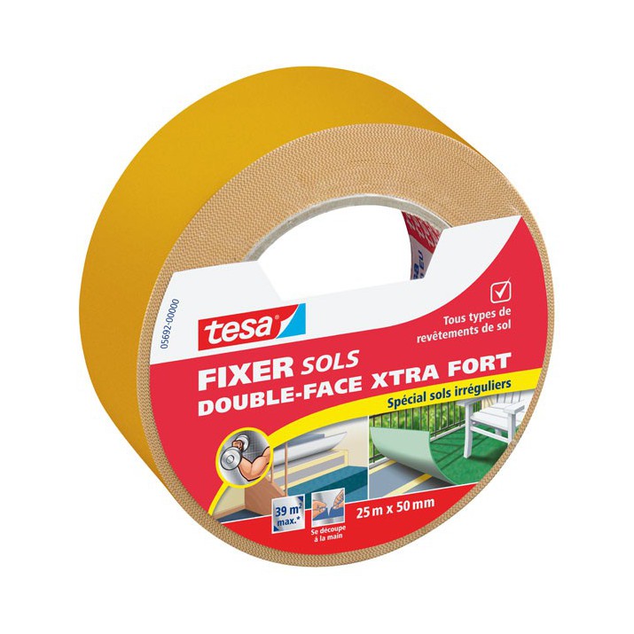 Adhésif fixation extra-forte double-face pour sols irréguliers 25m x 50mm