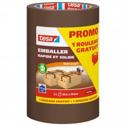 Adhésif emballage rapide et solide 66m x 50mm Marron Lot de 2 + 1 gratuit