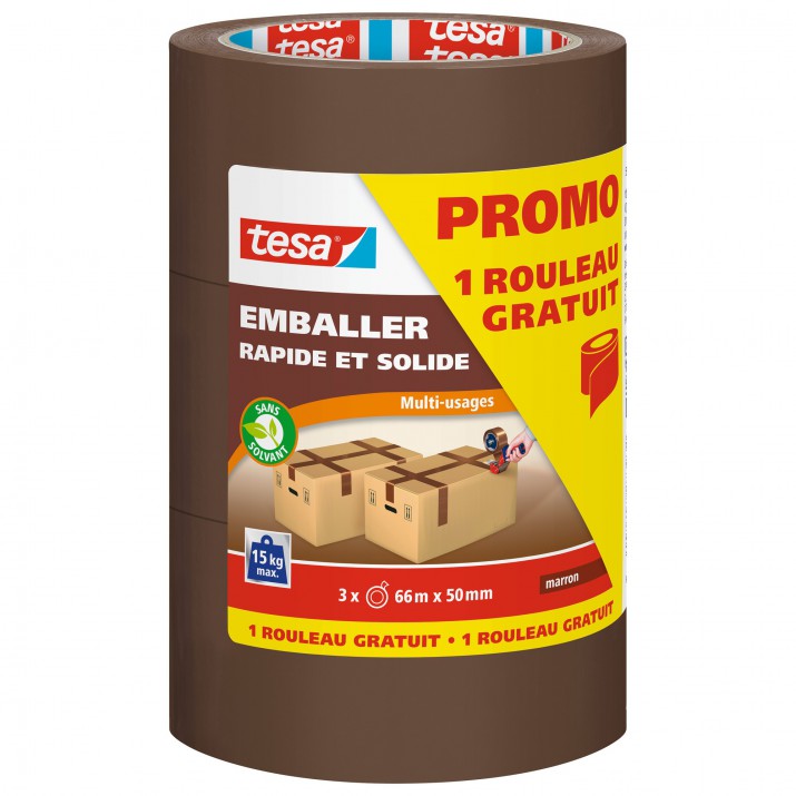 Adhésif emballage rapide et solide 66m x 50mm Marron Lot de 2 + 1 gratuit