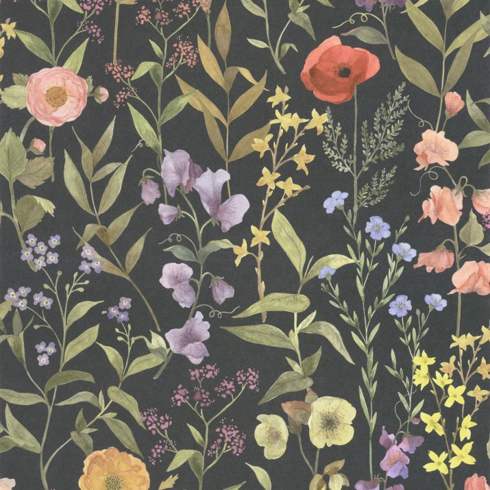 Papier Peint Fleurs des Champs Noir Fusain – Gardens de Casadéco - réf. GADN87659456