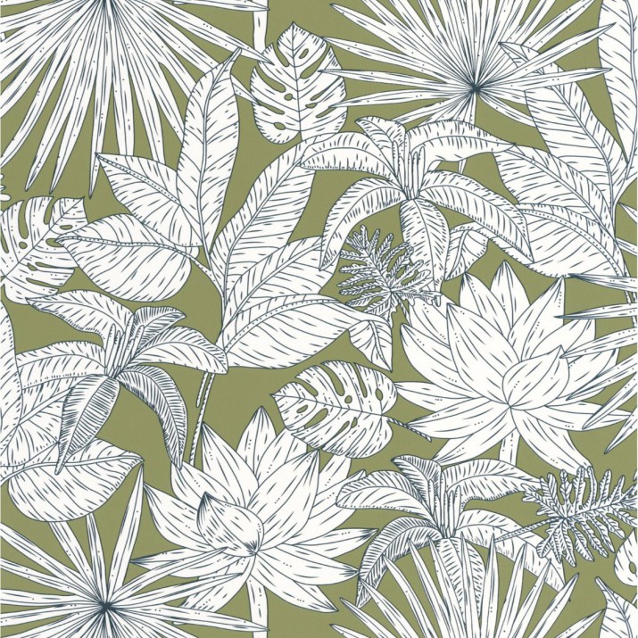 Papier Peint Intissé Odyssée Hawaï Vert Kaki – Green & Co de Casélio- réf. GCO101437167