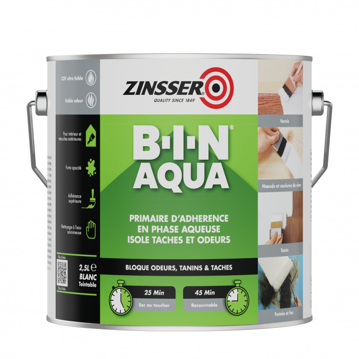 Zinsser Bin Aqua - Primaire d'Accrochage en Phase Aqueuse Opacifiant et Isolant