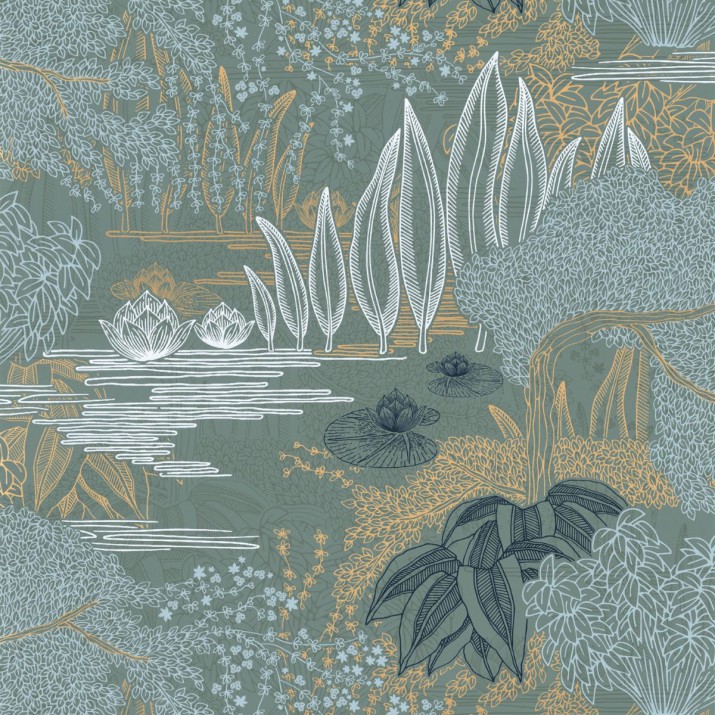 Papier Peint Intissé Jasmin Vert de Gris/ Doré – Square Jasmin de Casamance - réf. 75680202