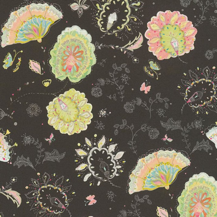 Papier Peint Vinyle sur Intissé Fleur Indienne Vert et Rose Fond Noir – Seychelles de Lutèce - réf. SEY992