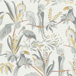 Papier Peint Vinyle sur Intissé Oiseaux Exotiques Gris Fond Gris Clair – Seychelles de Lutèce - réf. SEY984