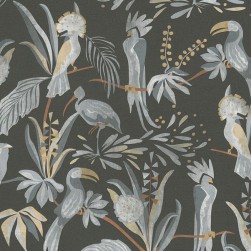Papier Peint Vinyle sur Intissé Oiseaux Exotiques Gris Fond Noir – Seychelles de Lutèce - réf. SEY983