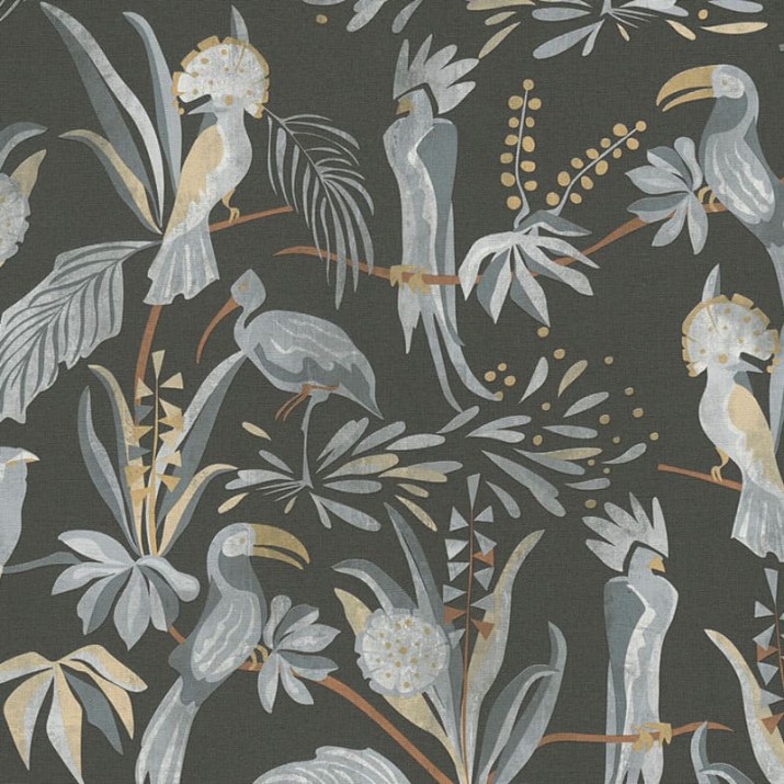 Papier Peint Vinyle sur Intissé Oiseaux Exotiques Gris Fond Noir – Seychelles de Lutèce - réf. SEY983