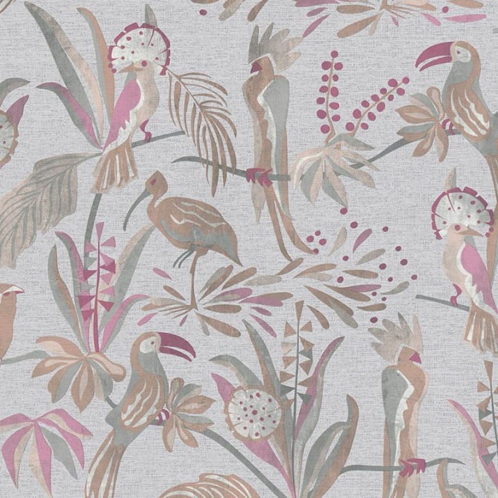 Papier Peint Vinyle sur Intissé Oiseaux Exotiques Gris et Rose Fond Gris Moyen – Seychelles de Lutèce - réf. SEY981