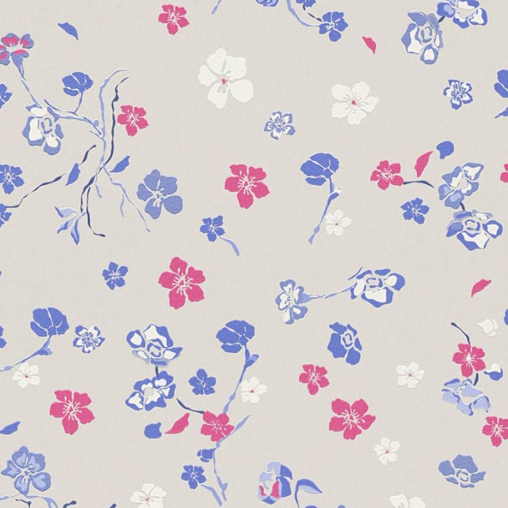 Papier Peint Expansé sur Intissé Branché Floral Bleu et Rose Fond Gris Clair – Seychelles de Lutèce - réf. SEY073