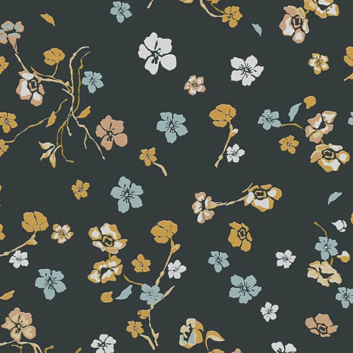Papier Peint Expansé sur Intissé Branché Floral Jaune et Bleu Fond Noir – Seychelles de Lutèce - réf. SEY071