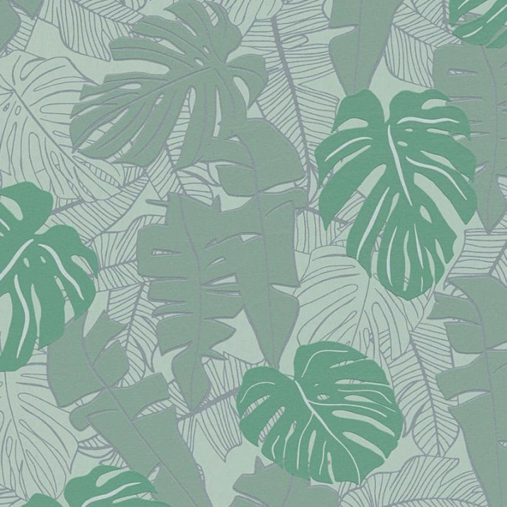 Papier Peint Expansé sur Intissé Feuillage Exotique Vert Céladon et Argent – Seychelles de Lutèce - réf. SEY055