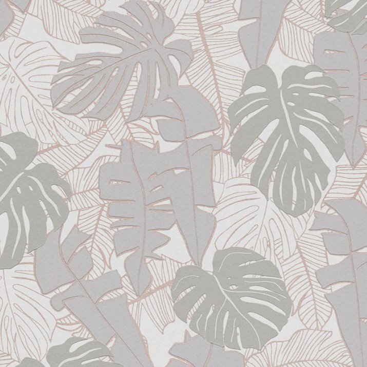 Papier Peint Expansé sur Intissé Feuillage Exotique Grège et Cuivre Rose – Seychelles de Lutèce - réf. SEY053
