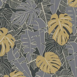 Papier Peint Expansé sur Intissé Feuillage Exotique Gris et Mordoré Fond Noir Carbone Doré – Seychelles de Lutèce - réf. SEY051