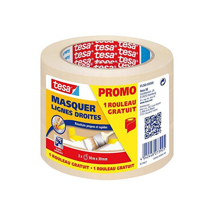 Lot de 2 rouleaux de masquage Crème 50m x 30mm + 1 gratuit