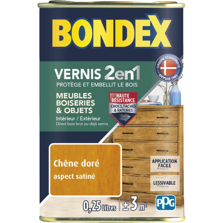 Bondex Vernis Bois 2 en 1 Protège et Embellit Aspect Satiné - 0,25L